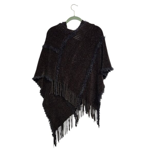 NATURAL LIFE Boho Knit Fringe Poncho Faux Fur Trim Plush wrap Brown One Size‎ - Picture 2 of 5